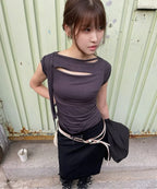【Flare up】Asymmetrical Draped Strap Roll-Up T-Shirt [4 colors]