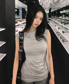 【Flare up】Asymmetrical Draped Strap Roll-Up Dress [Black / White / Gray]