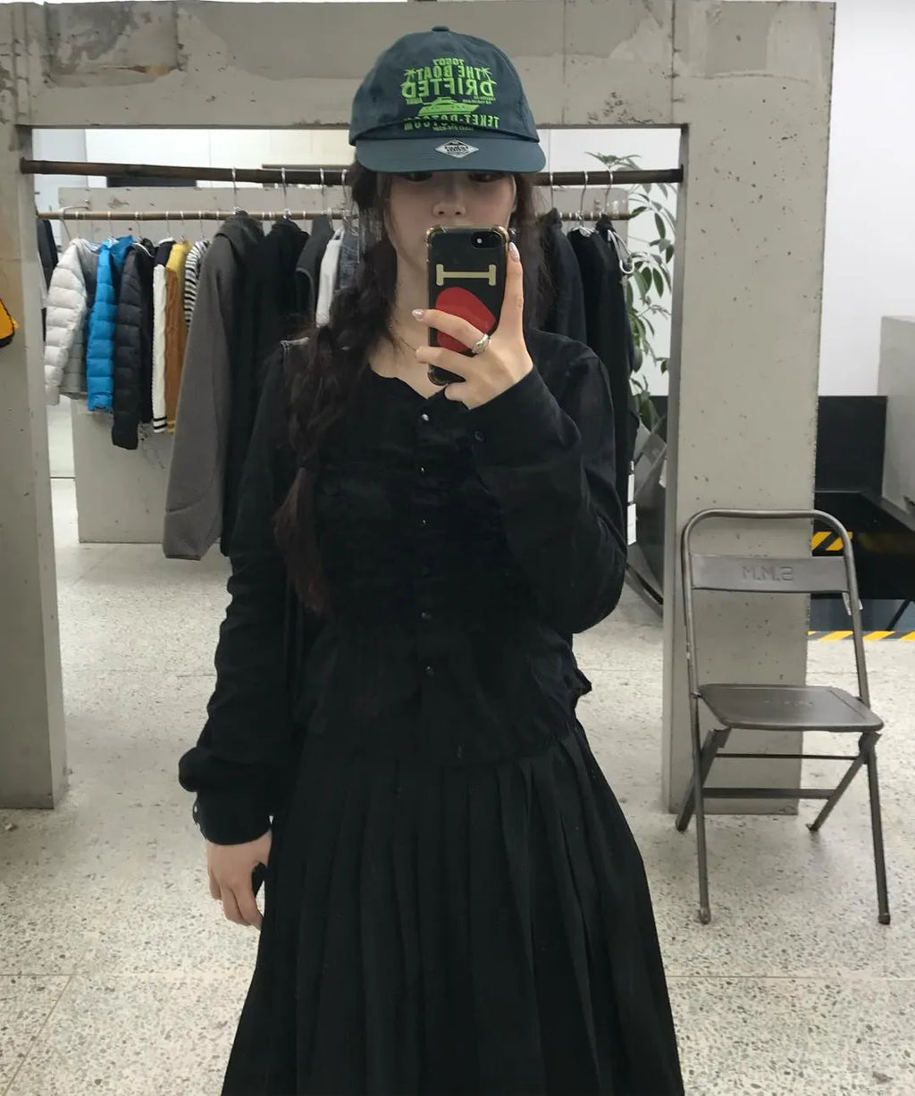 【Flare up】Saya Frill Puff Long Blouse [Black]