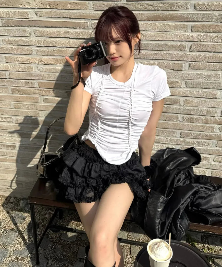 【Flare up】Handmade Twisted T-Shirt [White / Charcoal / Black]