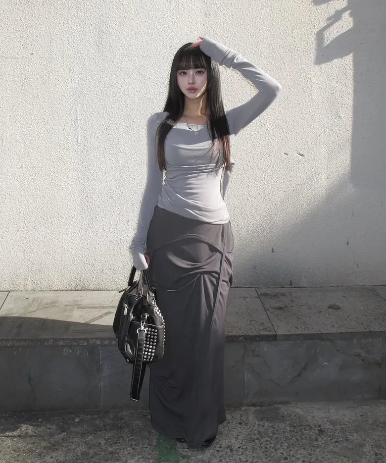 【Flare up】Asymmetrical Draped Long Skirt - 3 colors
