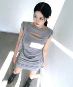 【Flare up】Asymmetrical Draped Strap Roll-Up Dress [Black / White / Gray]