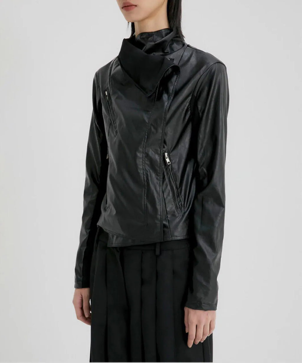 【Flare up】Asymmetrical Biker Leather Jacket [Leather / Black]