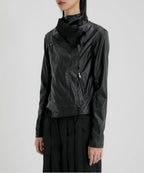 【Flare up】Asymmetrical Biker Leather Jacket [Leather / Black]
