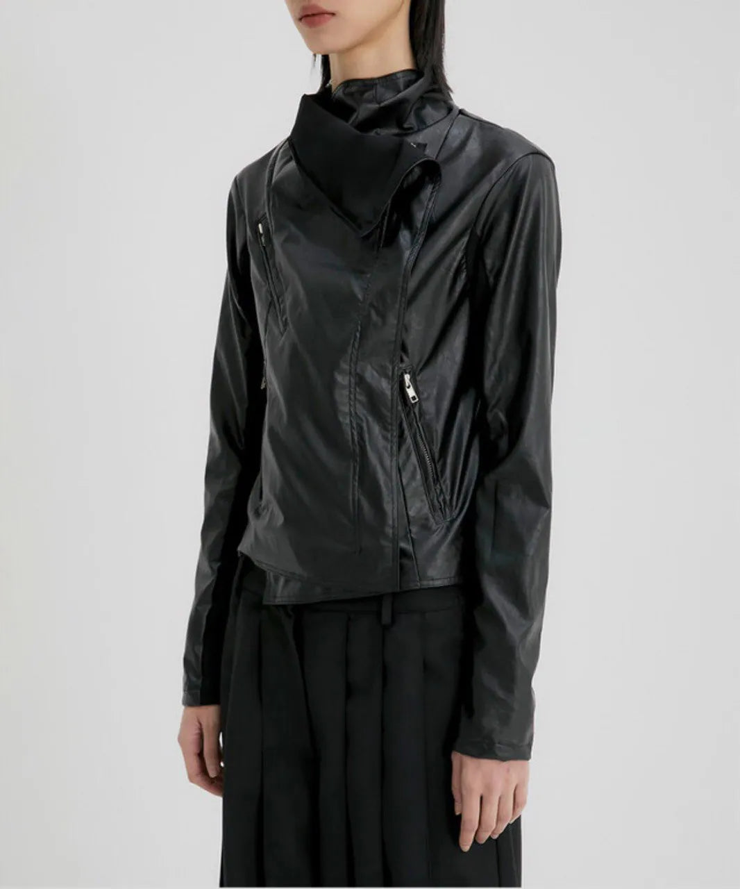 【Flare up】Asymmetrical Biker Leather Jacket [Leather / Black]