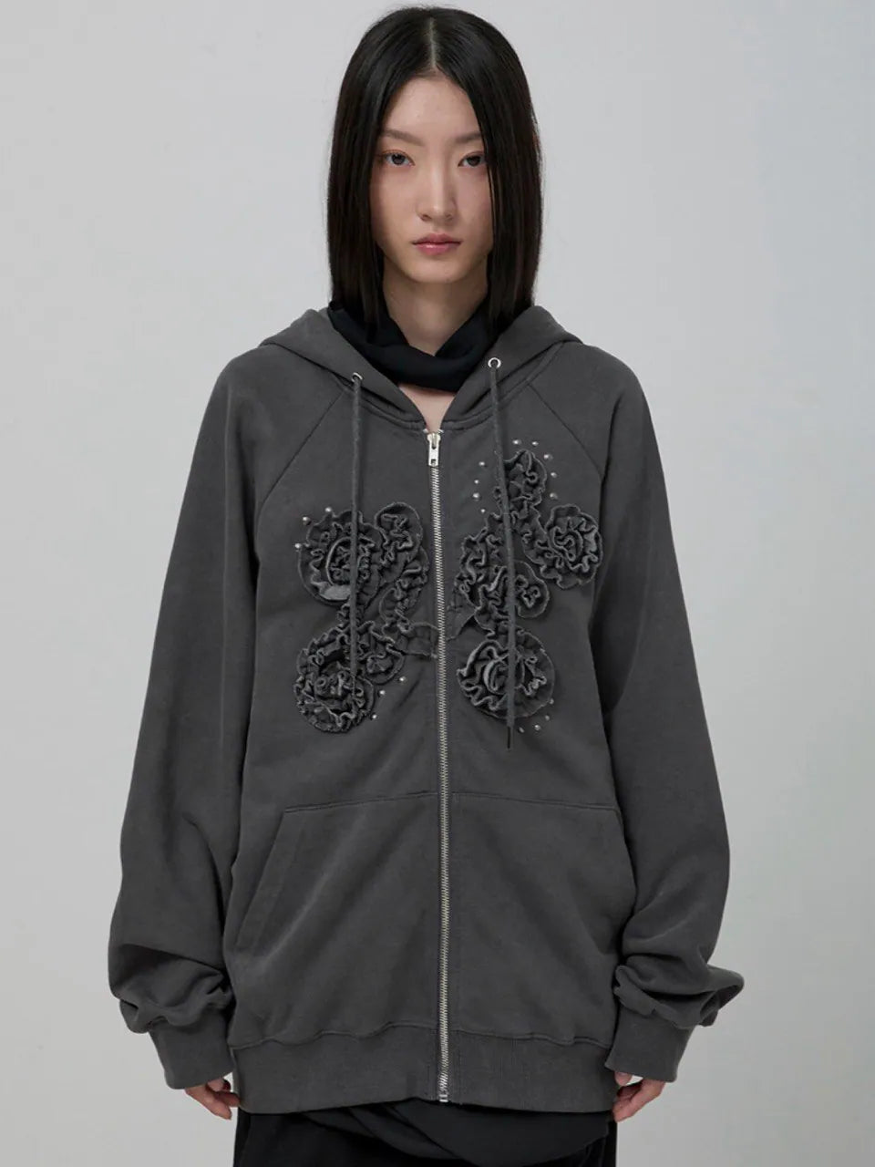 【Flare up】Ruffle Zip Hoodie  [Black / Gray / Dark gray / Cream]