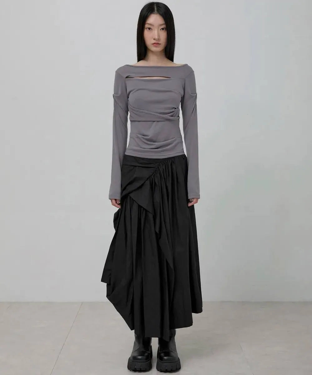 【Flare up】Asymmetrical Draped Long Sleeve [Grey]