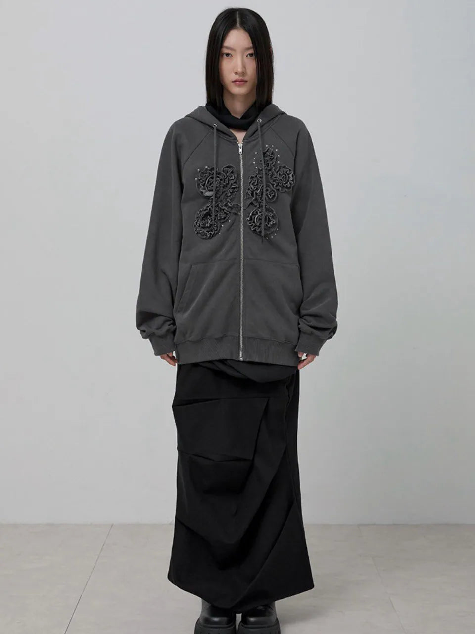 【Flare up】Ruffle Zip Hoodie  [Black / Gray / Dark gray / Cream]
