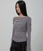 【Flare up】Asymmetrical Draped Long Sleeve [Grey]