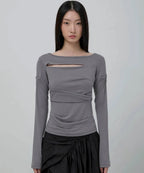 【Flare up】Asymmetrical Draped Long Sleeve [Grey]