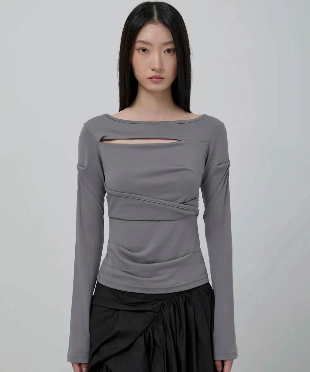 【Flare up】Asymmetrical Draped Long Sleeve [Grey]