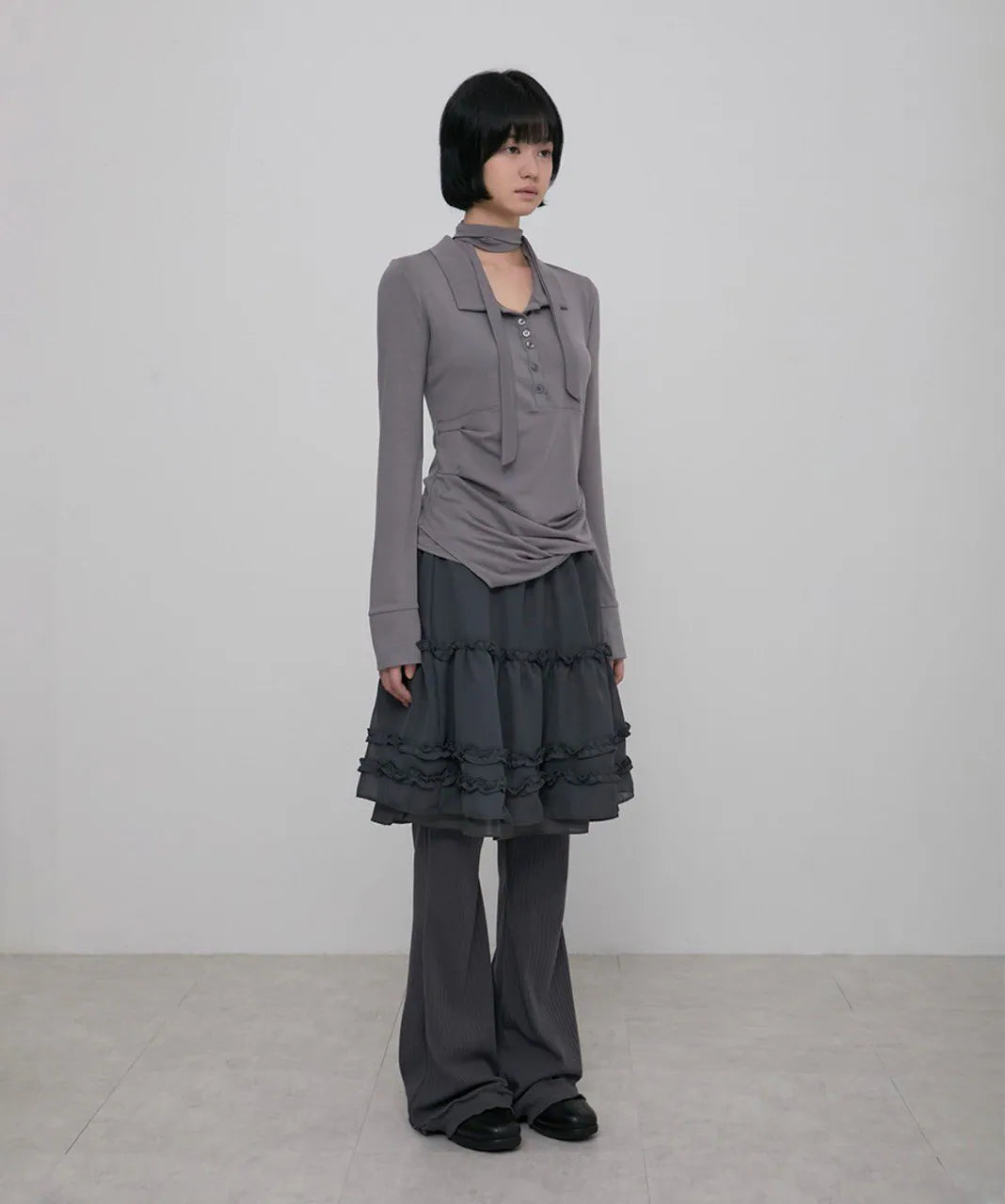 【Flare up】Layered Ruffle Skirt Pants [Black / Charcoal]
