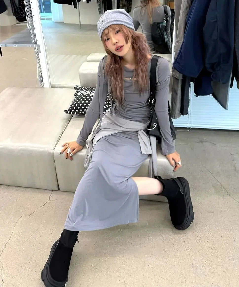【Flare up】Asymmetrical Draped Long Sleeve [Grey]
