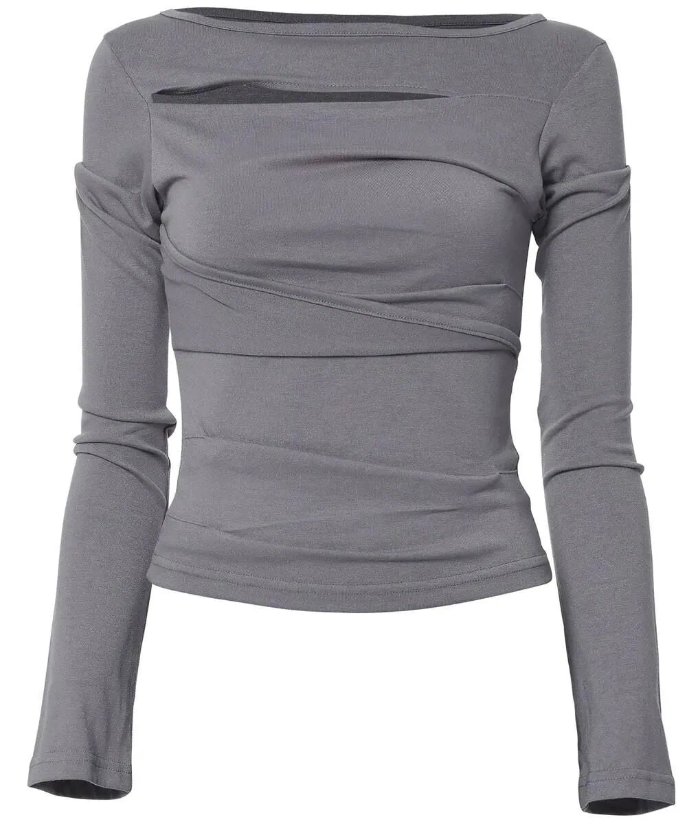 【Flare up】Asymmetrical Draped Long Sleeve [Grey]
