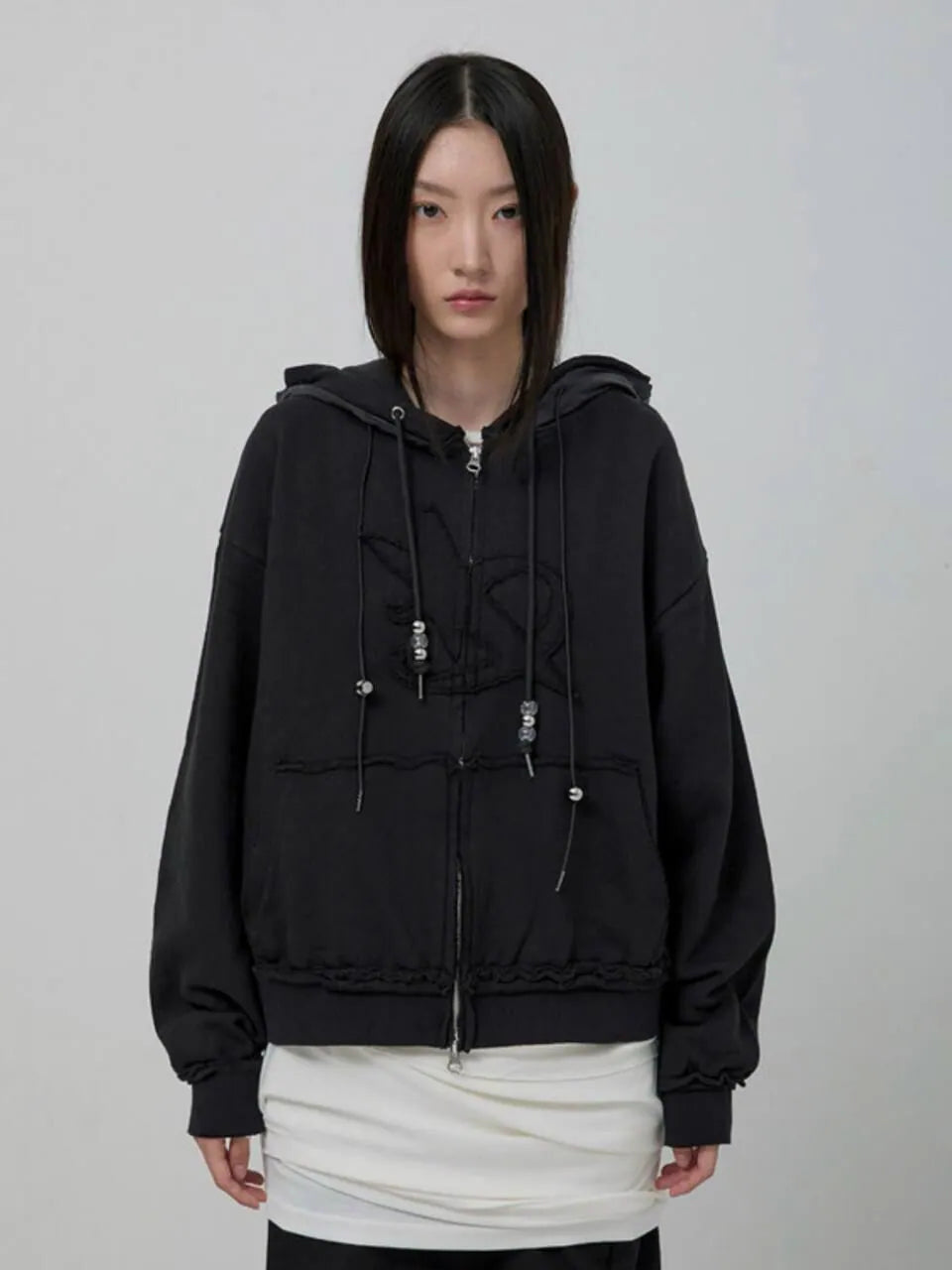 【Flare up】Layered Zip Hoodie  [Black / Gray / Charcoal]