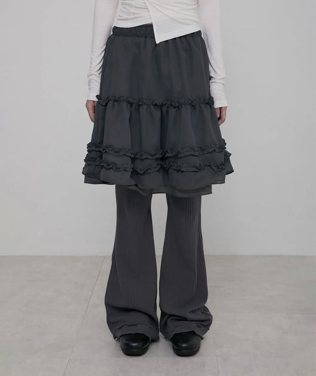 【Flare up】Layered Ruffle Skirt Pants [Black / Charcoal]