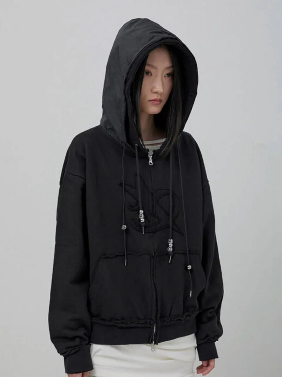 【Flare up】Layered Zip Hoodie  [Black / Gray / Charcoal]
