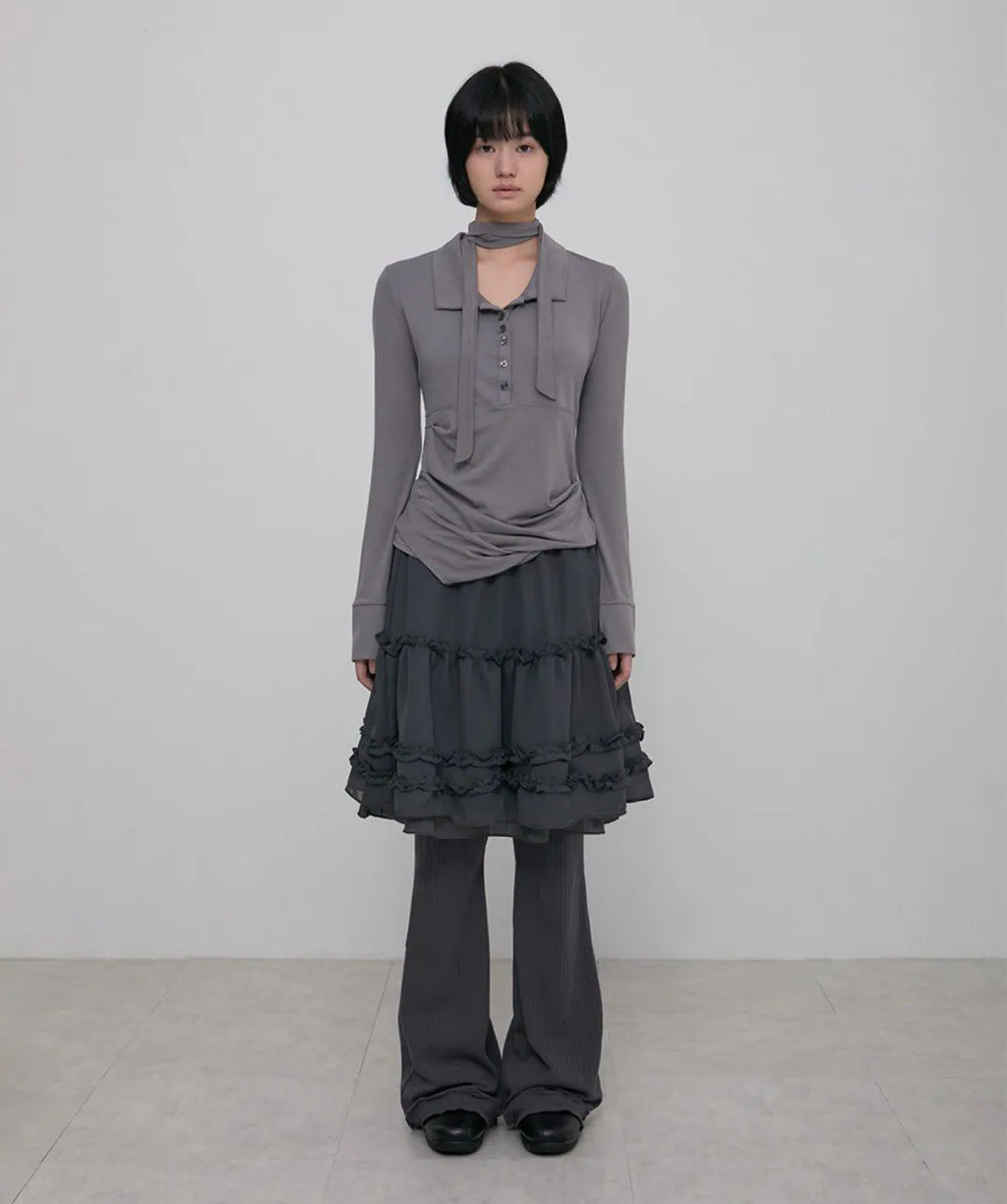 【Flare up】Layered Ruffle Skirt Pants [Black / Charcoal]