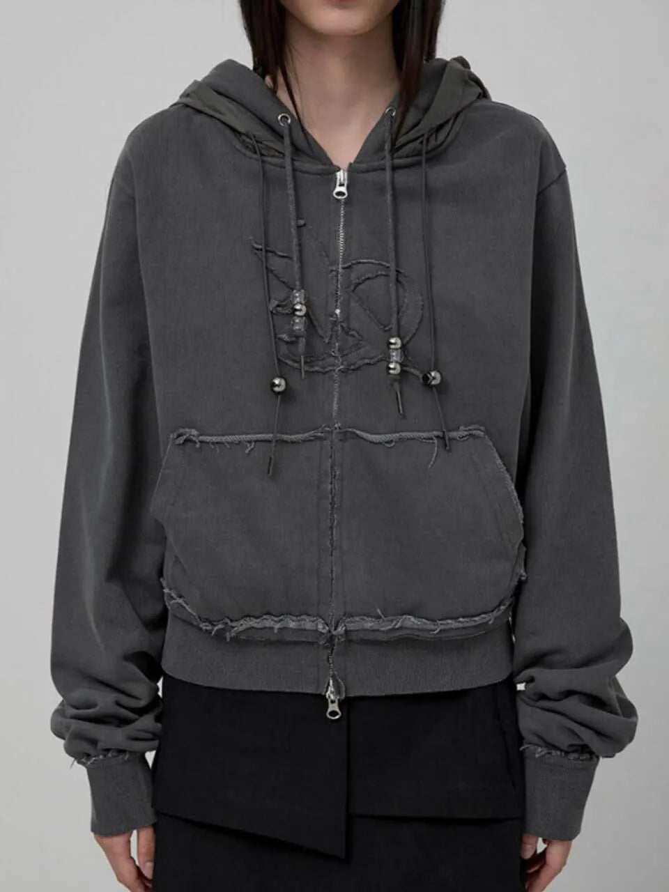 【Flare up】Layered Zip Hoodie  [Black / Gray / Charcoal]