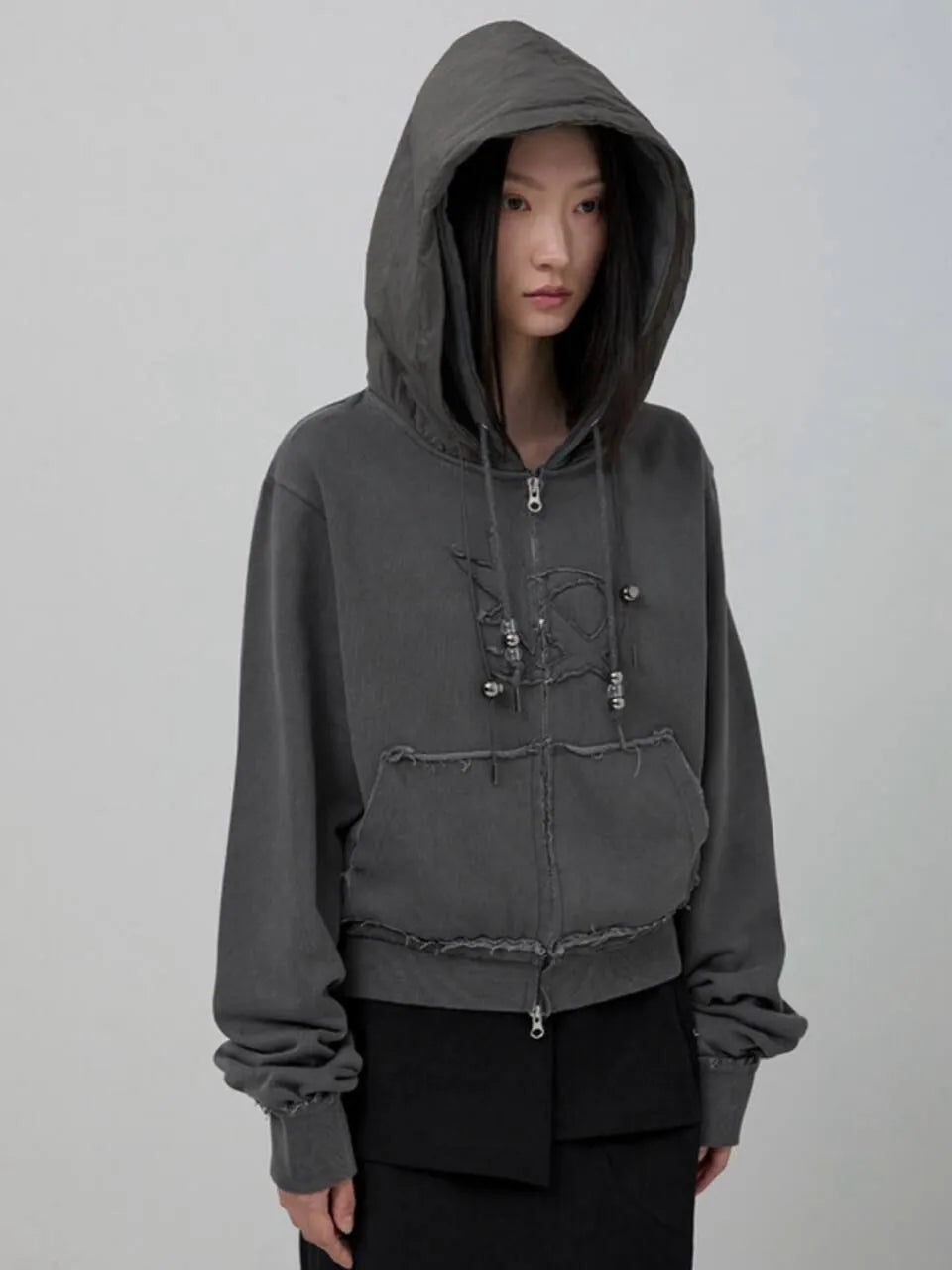 【Flare up】Layered Zip Hoodie  [Black / Gray / Charcoal]