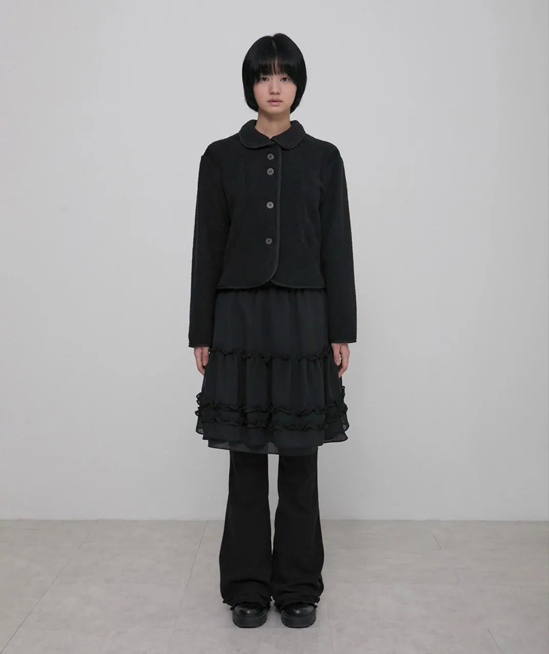 【Flare up】Layered Ruffle Skirt Pants [Black / Charcoal]