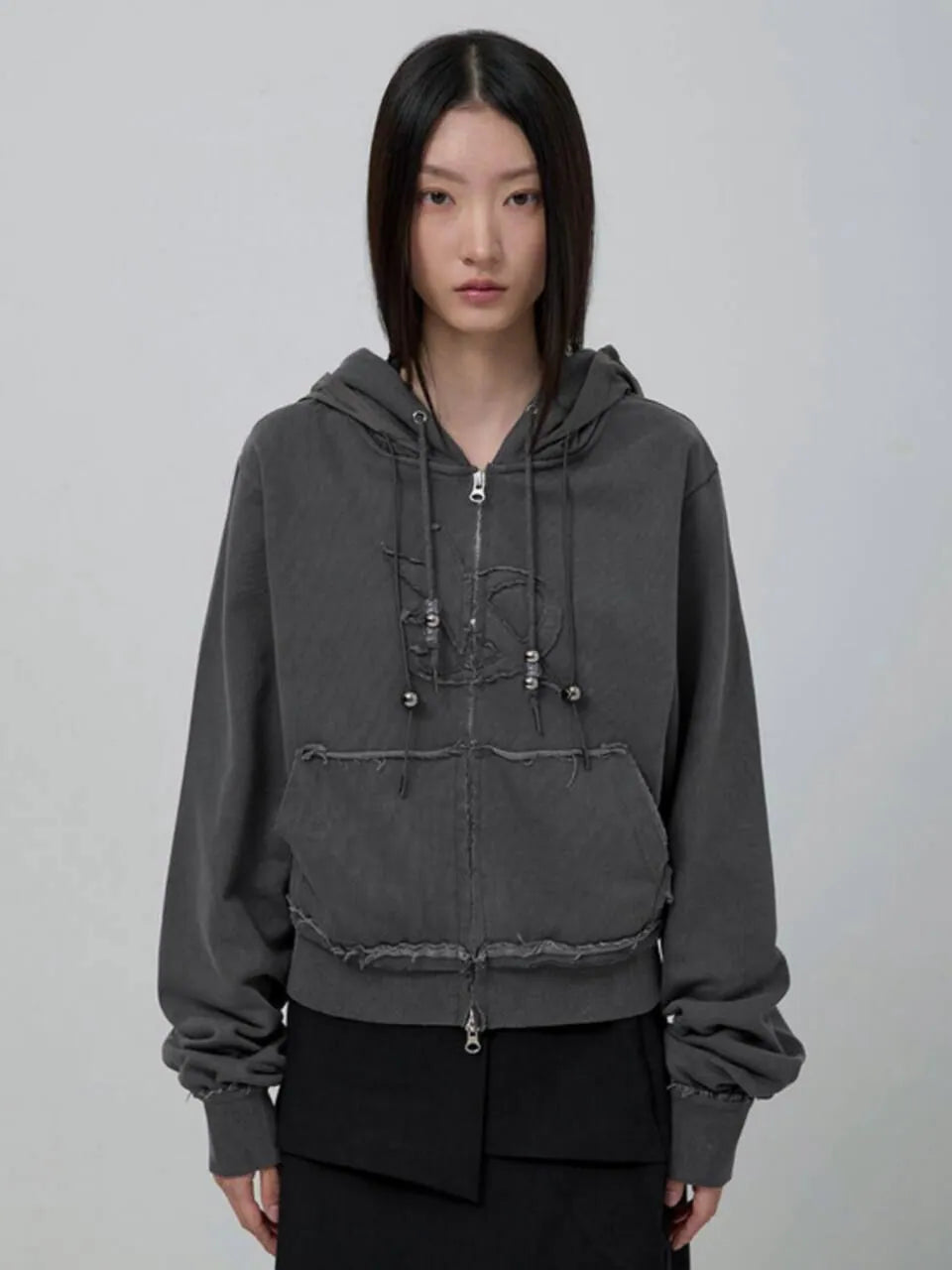 【Flare up】Layered Zip Hoodie  [Black / Gray / Charcoal]