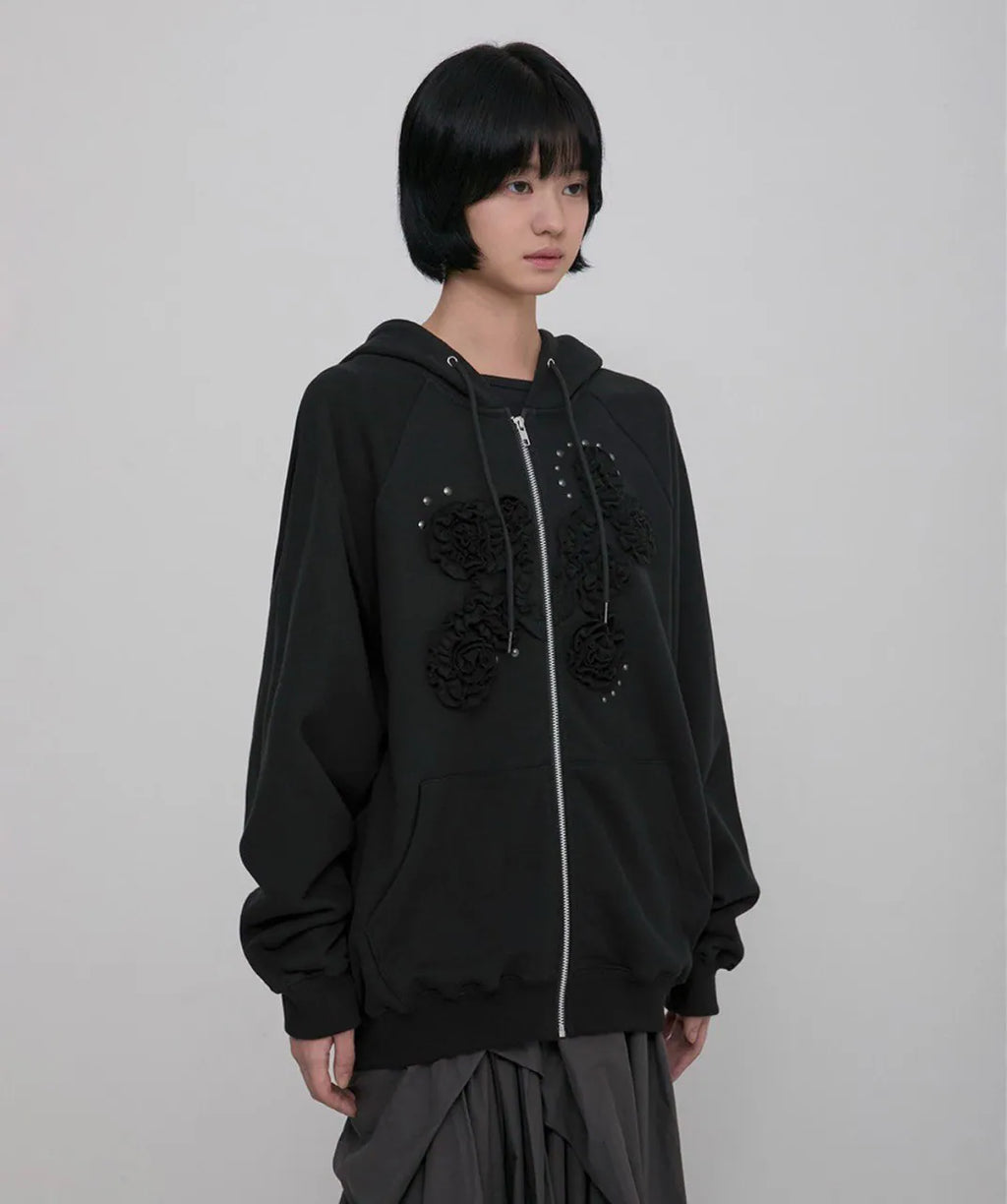 【Flare up】Ruffle Zip Hoodie  [Black / Gray / Dark gray / Cream]