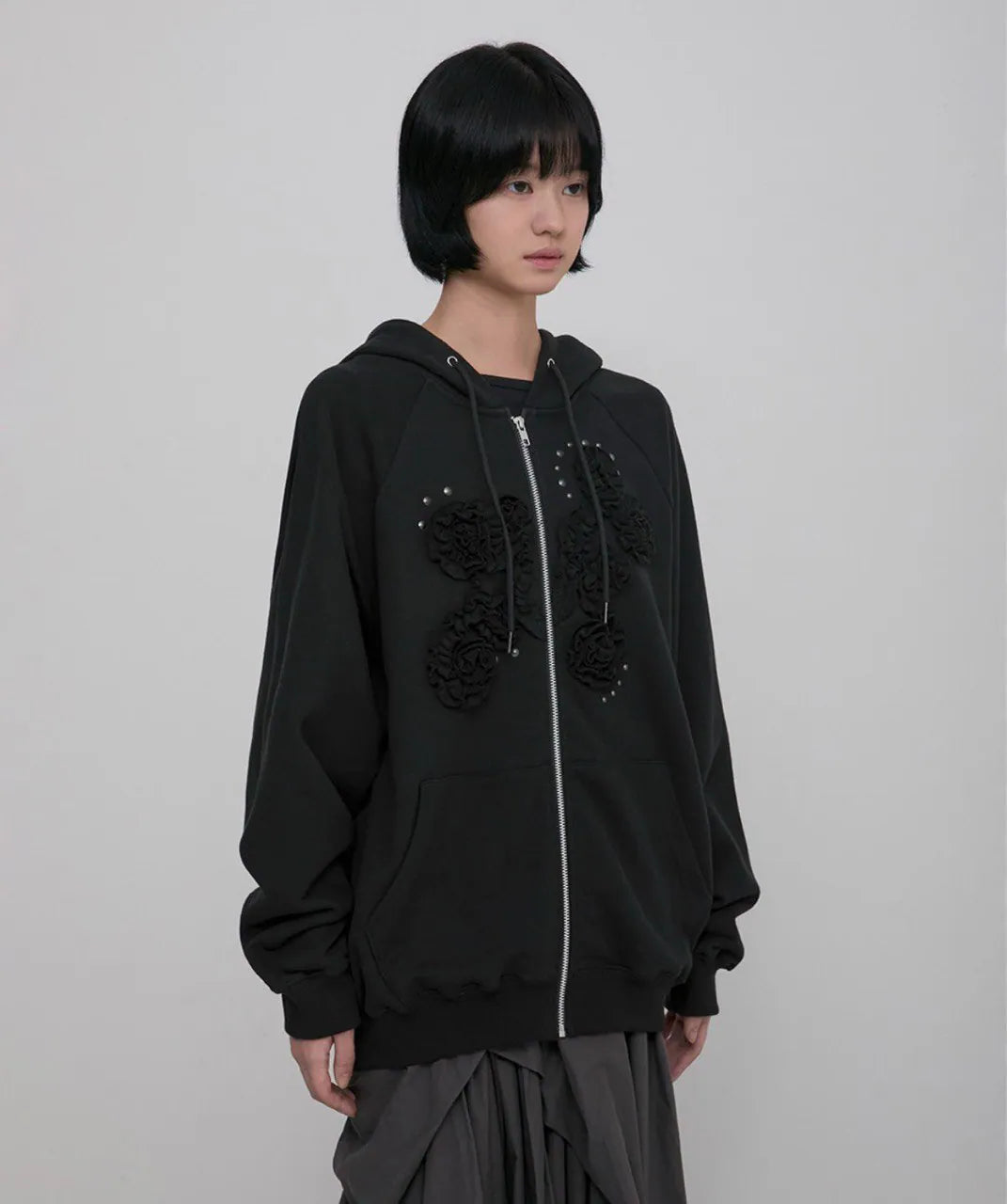 【Flare up】Ruffle Zip Hoodie  [Black / Gray / Dark gray / Cream]