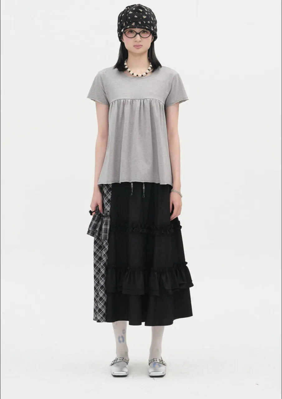 【typeservice】Check Panel Ruffle Skirt [Black]