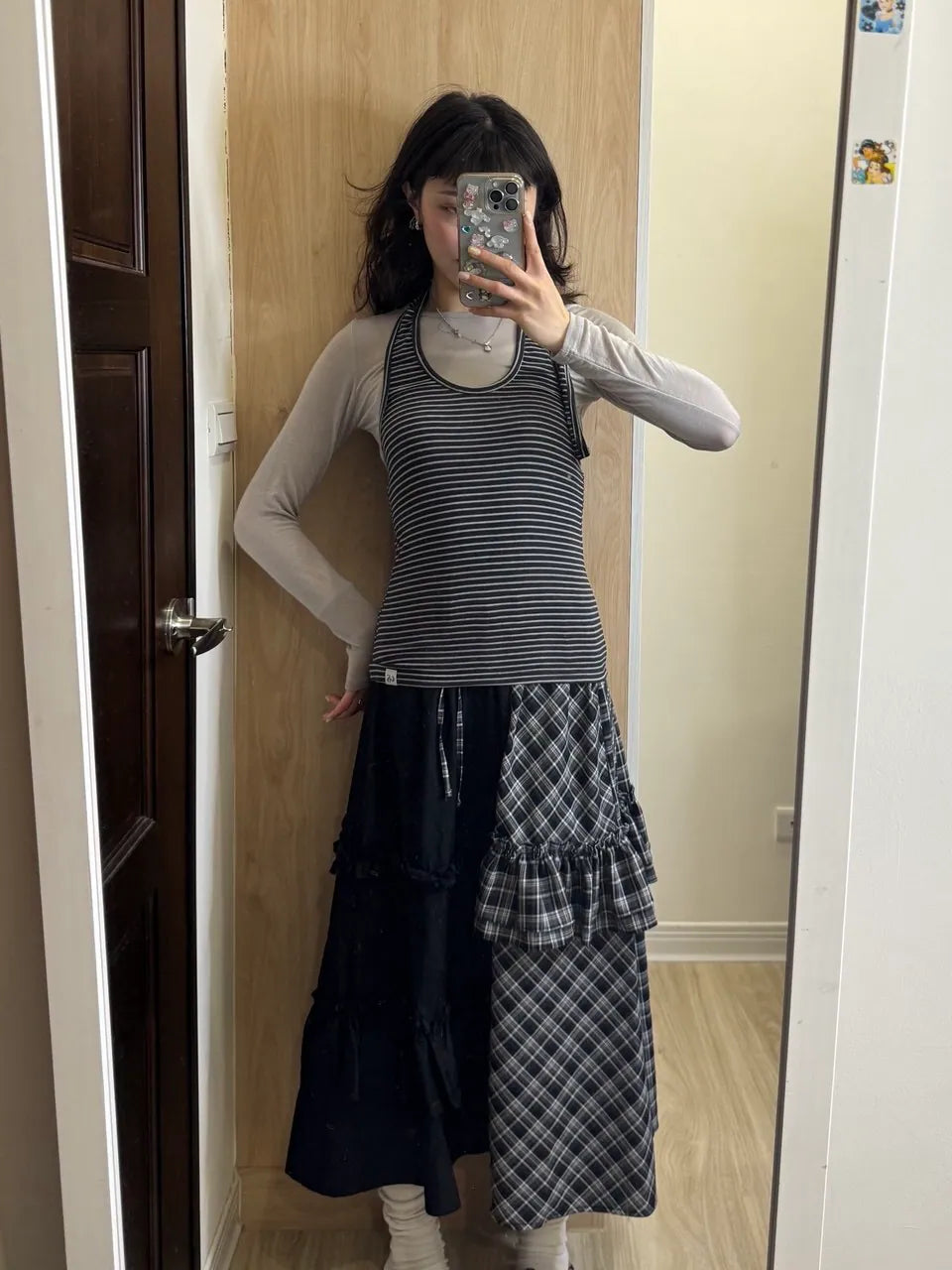 【typeservice】Check Panel Ruffle Skirt [Black]