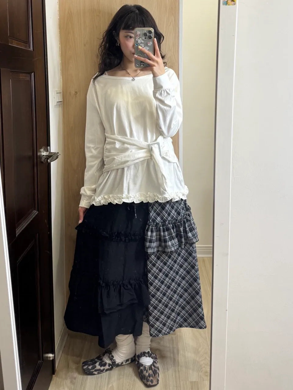 【typeservice】Check Panel Ruffle Skirt [Black]