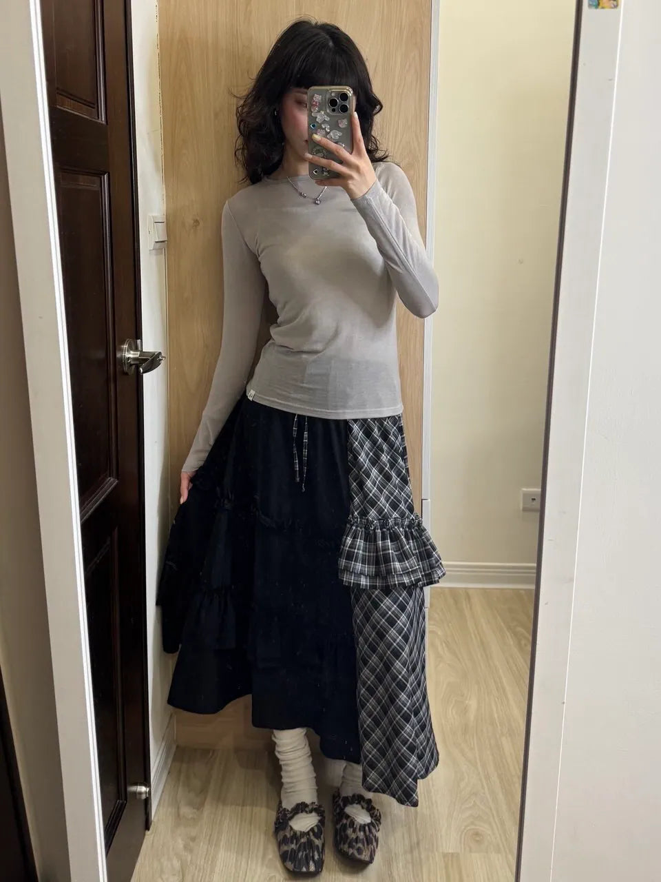 【typeservice】Check Panel Ruffle Skirt [Black]