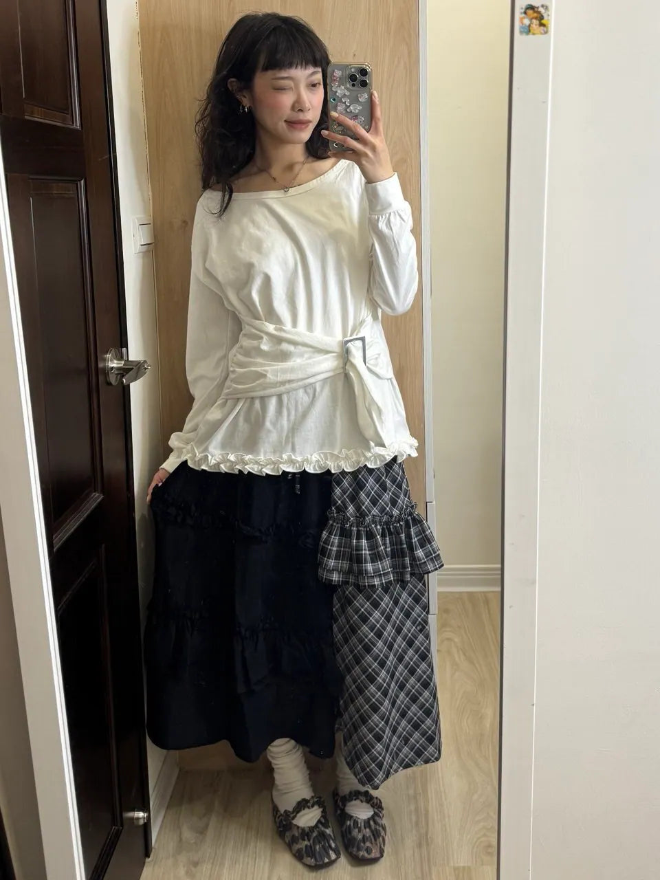 【typeservice】Check Panel Ruffle Skirt [Black]