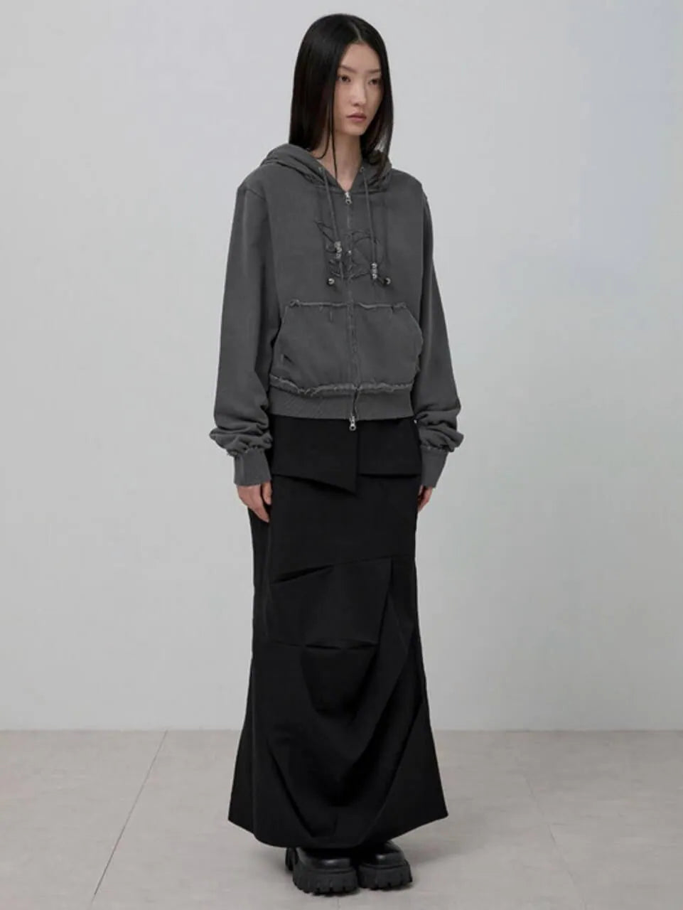 【Flare up】Layered Zip Hoodie  [Black / Gray / Charcoal]