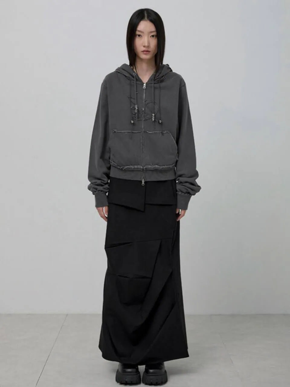 【Flare up】Layered Zip Hoodie  [Black / Gray / Charcoal]