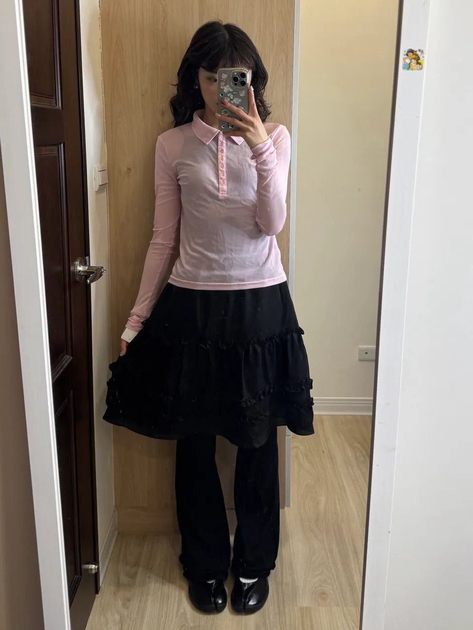 【Flare up】Layered Ruffle Skirt Pants [Black / Charcoal]