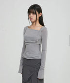 【Flare up】Layered Bustier Long Sleeve [Black / Grey / Charcoal / White]