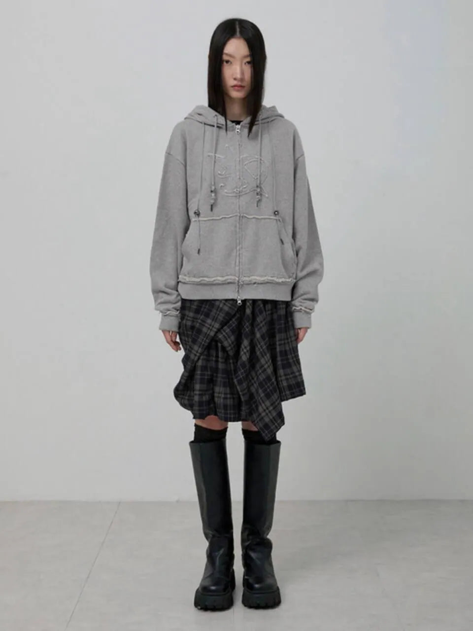【Flare up】Layered Zip Hoodie  [Black / Gray / Charcoal]