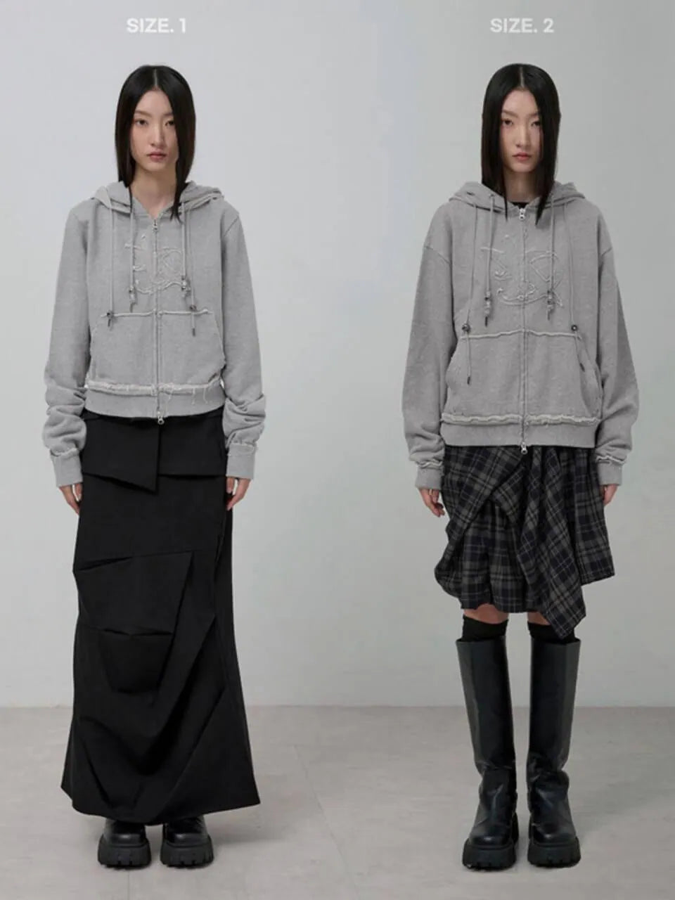【Flare up】Layered Zip Hoodie  [Black / Gray / Charcoal]