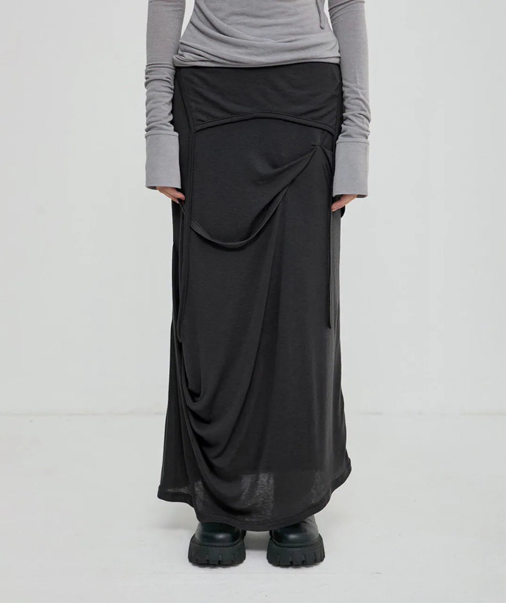 【Flare up】 Asymmetrical Draped Long Skirt [Black / Charcoal]