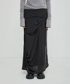 【Flare up】 Asymmetrical Draped Long Skirt [Black / Charcoal]