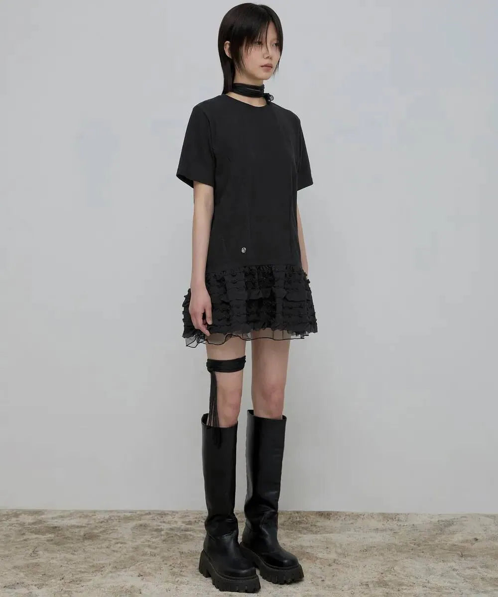 【Flare up】Layered Frill T-Shirt [White / Black]