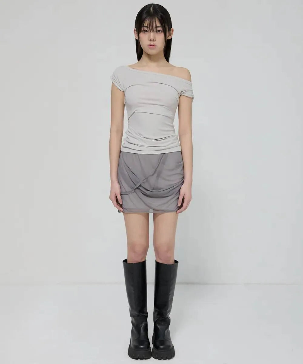 【Flare up】Draped Mesh Layered Mini Skirt [Black / Gray]