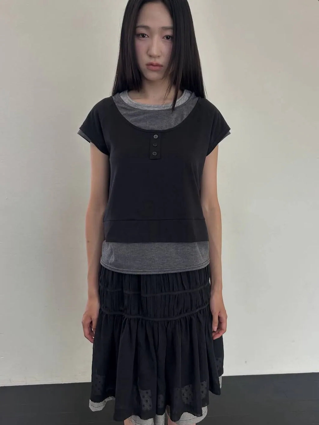 【Flare up】3-Layered Henley T-shirt [Black / Gray]