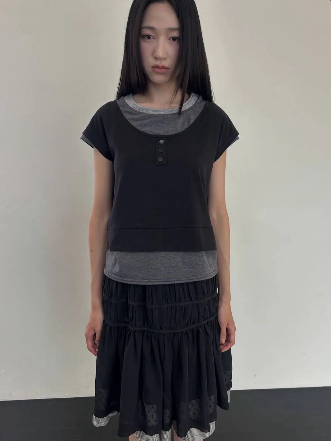 【Flare up】3-Layered Henley T-shirt [Black / Gray]