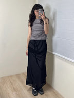 【Flare up】Draped Mesh Layered Sleeveless [Black / Gray]