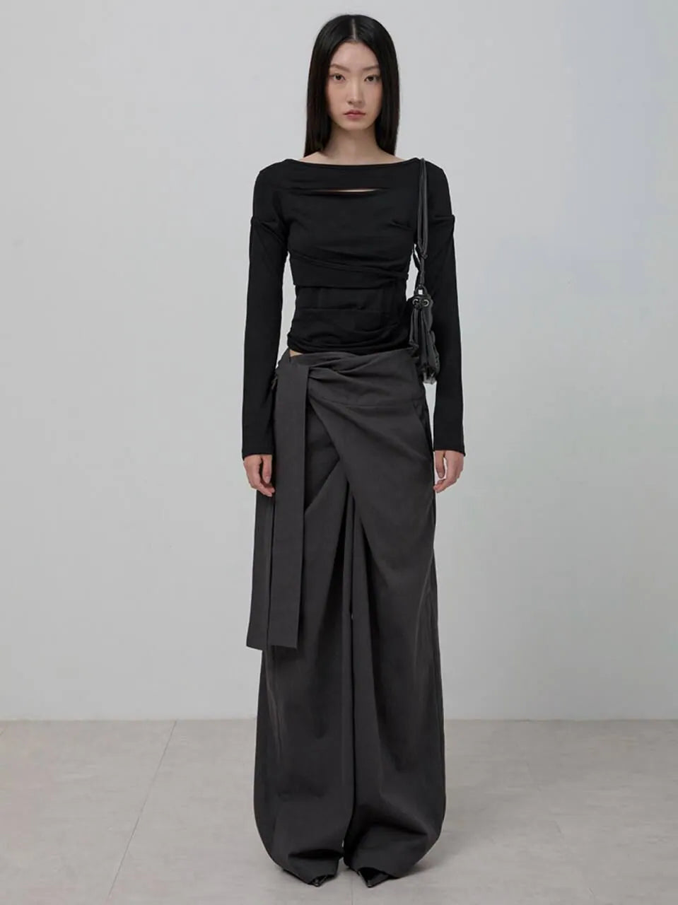 【Flare up】Layered Wrap Trousers [Black / Charcoal]