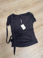 【Flare up】Asymmetrical Draped Strap Roll-Up T-Shirt [4 colors]