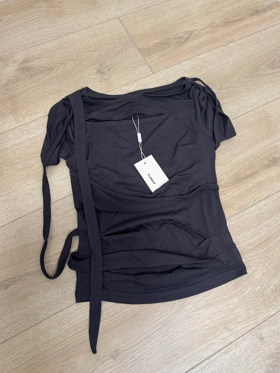 【Flare up】Asymmetrical Draped Strap Roll-Up T-Shirt [4 colors]