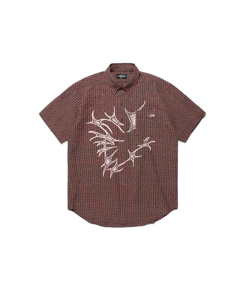 【niceghostclub】tornado star check big big half shirt [ grey / brown ]